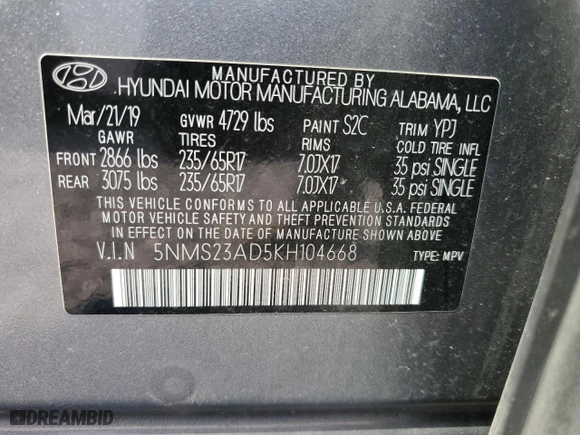 2019 Hyundai Santa Fe SE with VIN 5NMS23AD5KH104668, listed as a Copart auction lot 63483564 with 63,468 mi miles and Salvage Title. Bid and sale history available at carsss.com. Image 12.