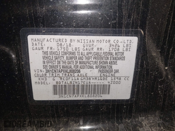 2019 Nissan Versa SV z VIN 3N1CN7APXKL808206, wystawiony jako IAAI lot #41828460 z przebiegiem 95 918 mil mil oraz . Historia ofert i sprzedaży dostępna na DreamBid. Obrazek 9.
