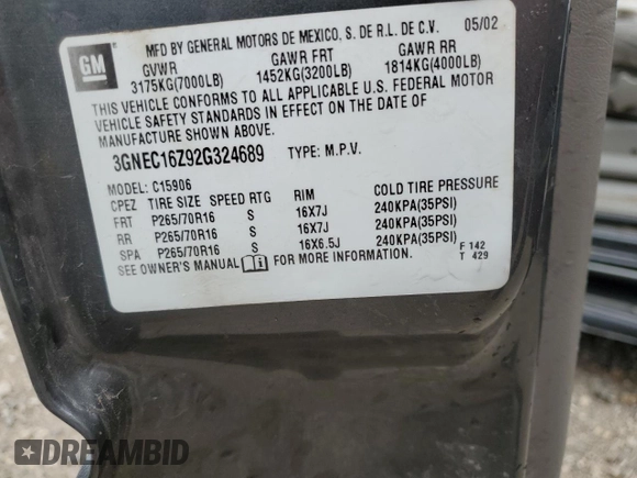 2002 Chevrolet Suburban LS z VIN 3GNEC16Z92G324689, wystawiony jako Copart lot #51615495 z przebiegiem Nie podano mil oraz Szkoda całkowita • Salvage title. Historia ofert i sprzedaży dostępna na DreamBid. Obrazek 14.