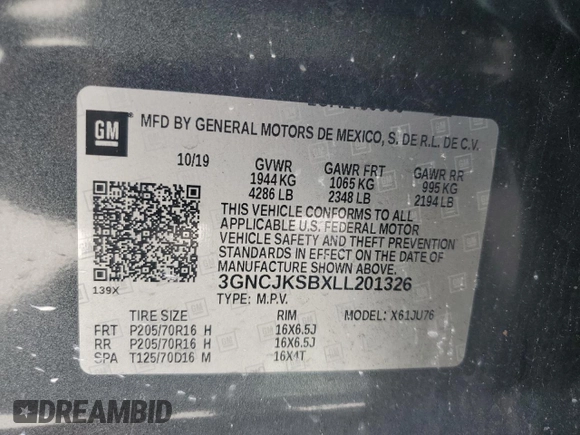 2020 Chevrolet Trax LS z VIN 3GNCJKSBXLL201326, wystawiony jako Copart lot #58873515 z przebiegiem Nie podano mil oraz Nie do naprawy • Non repairable. Historia ofert i sprzedaży dostępna na DreamBid. Obrazek 13.