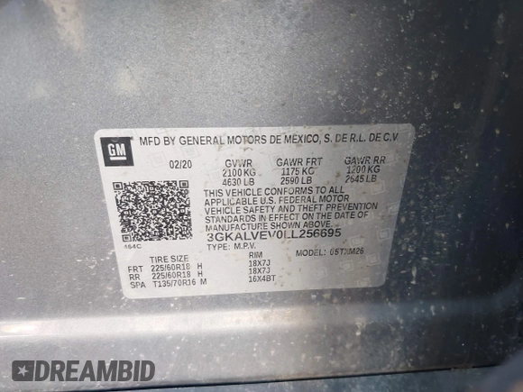 2020 GMC Terrain SLT with VIN 3GKALVEV0LL256695, listed as a IAAI auction lot 41847385 with 96,515 mi miles. Bid and sale history available at carsss.com. Image 9.