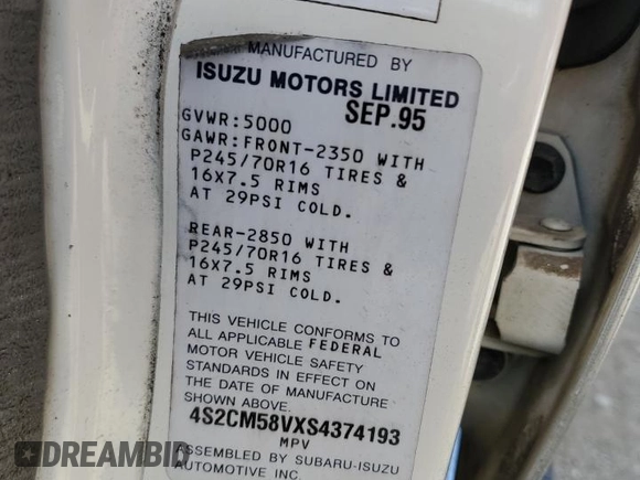 1995 Isuzu Rodeo с VIN 4S2CM58VXS4374193, выставлен на аукционе Copart как лот 54189275 с пробегом 164 756 миль миль и Списание • Salvage title. История ставок и продаж доступна на DreamBid. Изображение 12.