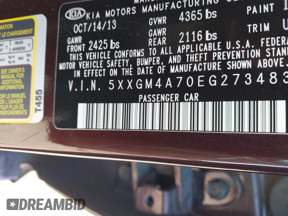 2014 Kia Optima LX with VIN 5XXGM4A70EG273483, listed as a IAAI auction lot 42402765 with 129,770 mi miles and . Bid and sale history available at DreamBid. Image 9.