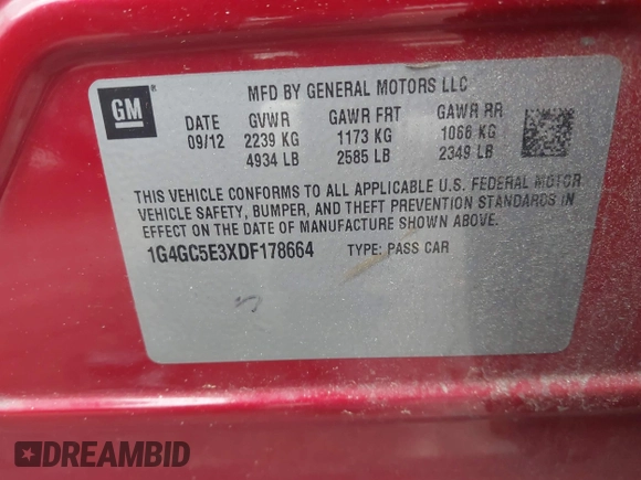 2013 Buick LaCrosse Leather с VIN 1G4GC5E3XDF178664, выставлен на аукционе IAAI как лот 42217019 с пробегом 187 012 миль миль и . История ставок и продаж доступна на DreamBid. Изображение 9.