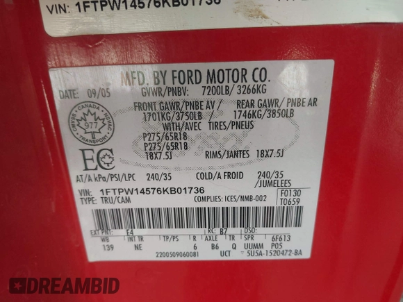 2006 Ford F-150 XLT z VIN 1FTPW14576KB01736, wystawiony jako IAAI lot #42593793 z przebiegiem 292 474 mil mil oraz . Historia ofert i sprzedaży dostępna na DreamBid. Obrazek 9.