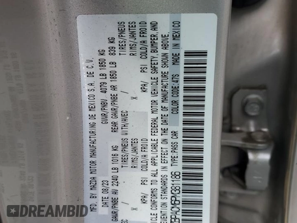 2023 Mazda 3 S Preferred with VIN 3MZBPACM6PM381186, listed as a Copart auction lot 45053605 with 18,321 mi miles and Clean Title. Bid and sale history available at DreamBid. Image 12.