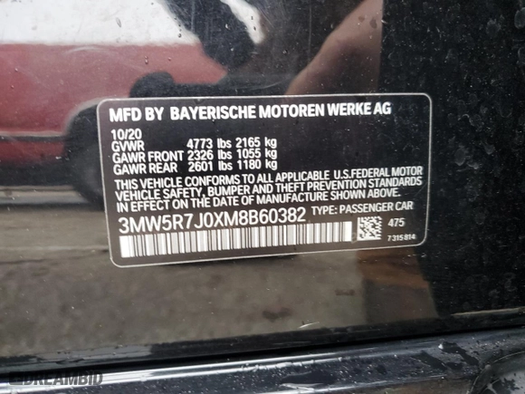 2021 BMW 3 Series 330i xDrive with VIN 3MW5R7J0XM8B60382, listed as a Copart auction lot 82113014 with 54,597 mi miles and Salvage Title. Bid and sale history available at carsss.com. Image 14.