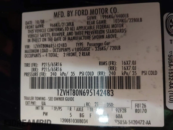 2009 Ford Mustang with VIN 1ZVHT80N695142483, listed as a IAAI auction lot 42672035 with 201,019 mi miles and . Bid and sale history available at DreamBid. Image 9.