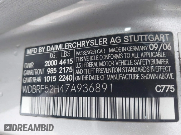 2007 Mercedes-Benz C 230 Sport with VIN WDBRF52H47A936891, listed as a IAAI auction lot 42121823 with 152,148 mi miles and . Bid and sale history available at DreamBid. Image 9.