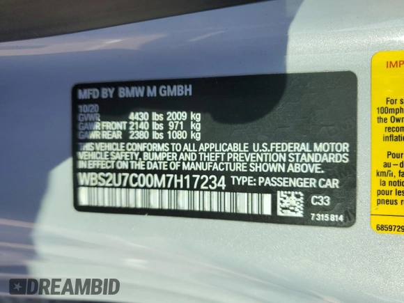 2021 BMW M2 Competition with VIN WBS2U7C00M7H17234, listed as a Copart auction lot 88370145 with 58,725 mi miles and Salvage Title. Bid and sale history available at carsss.com. Image 12.