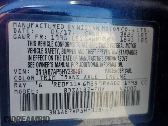 2017 Nissan Sentra S with VIN 3N1AB7AP5HY338467, listed as a Copart auction lot 52025745 with 164,890 mi miles and Salvage title. Bid and sale history available at DreamBid. Image 13.