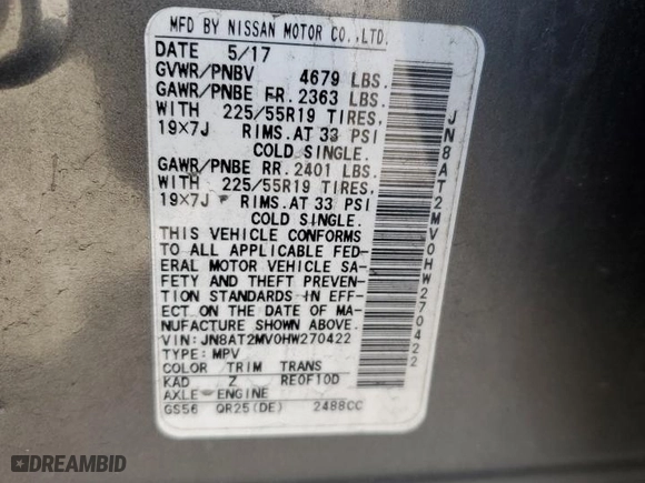 2017 Nissan Rogue SL with VIN JN8AT2MV0HW270422, listed as a Copart auction lot 48296375 with 103,883 mi miles and Salvage Title. Bid and sale history available at carsss.com. Image 15.
