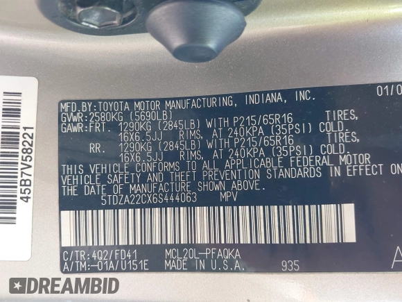 2006 Toyota Sienna XLE with VIN 5TDZA22CX6S444063, listed as a IAAI auction lot 41999988 with 244,436 mi miles. Bid and sale history available at carsss.com. Image 9.