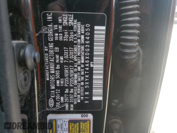 2013 Kia Sorento LX with VIN 5XYKT4A6XDG364050, listed as a Copart auction lot 52725905 with 166,866 mi miles and Salvage title. Bid and sale history available at DreamBid. Image 13.