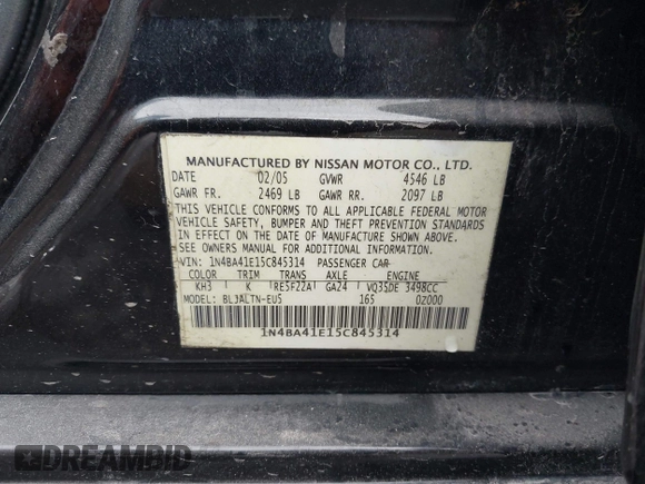 2005 Nissan Maxima 3.5 SL with VIN 1N4BA41E15C845314, listed as a IAAI auction lot 41894273 with 308,057 mi miles. Bid and sale history available at carsss.com. Image 9.