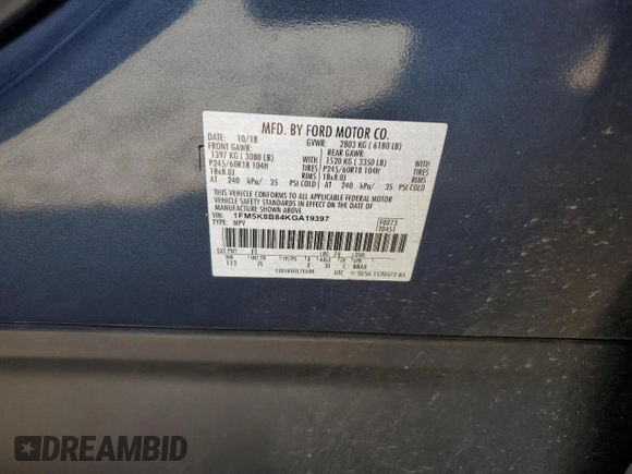2019 Ford Explorer with VIN 1FM5K8B84KGA19397, listed as a Copart auction lot 54869045 with 37,999 mi miles and Salvage title. Bid and sale history available at DreamBid. Image 13.