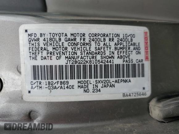 2001 Toyota Camry CE with VIN JT2BG22K810542441, listed as a Copart auction lot 52969515 with 251,008 mi miles and Salvage Title. Bid and sale history available at DreamBid. Image 12.
