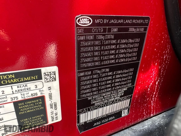 2019 Land Rover Range Rover Sport HSE with VIN SALWR2RV4KA426807, listed as a Copart auction lot 61027315 with 83,710 mi miles and Clean title. Bid and sale history available at DreamBid. Image 10.