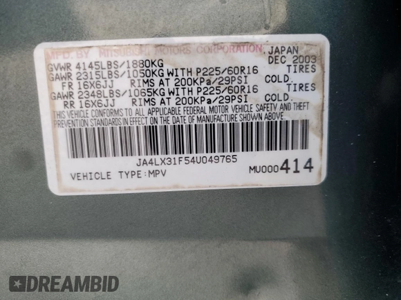 2004 Mitsubishi Outlander LS with VIN JA4LX31F54U049765, listed as a Copart auction lot 62441514 with 211,231 mi miles and Salvage Title. Bid and sale history available at carsss.com. Image 16.