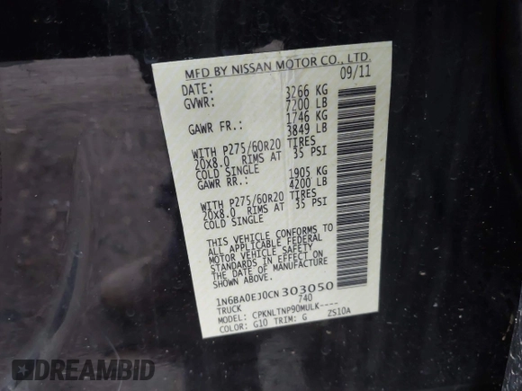 2012 Nissan Titan SV with VIN 1N6BA0EJ0CN303050, listed as a IAAI auction lot 41892370 with 120,018 mi miles. Bid and sale history available at carsss.com. Image 9.
