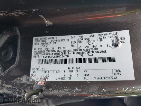 2016 Ford F-150 XL with VIN 1FTEW1CP2GKD24097, listed as a IAAI auction lot 41885019 with Not Provided miles and . Bid and sale history available at carsss.com. Image 9.