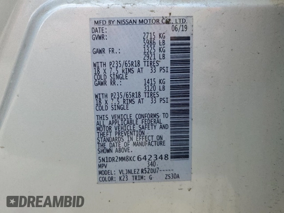 2019 Nissan Pathfinder S with VIN 5N1DR2MM8KC642348, listed as a Copart auction lot 56502755 with 84,721 mi miles and Salvage title. Bid and sale history available at DreamBid. Image 12.