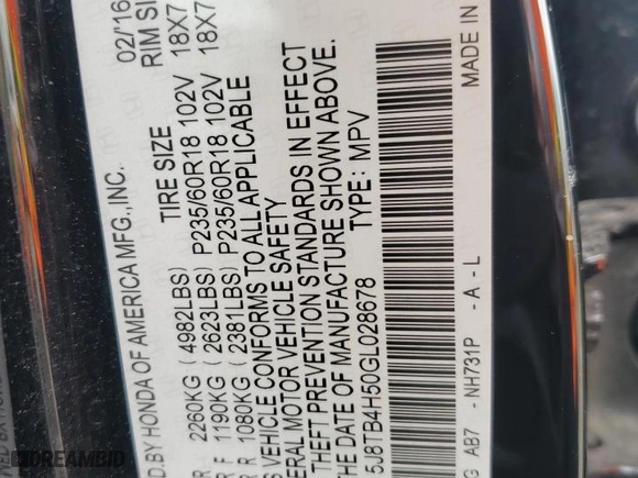 2016 Acura RDX Tech Pkg with VIN 5J8TB4H50GL028678, listed as a Copart auction lot 51834255 with 190,355 mi miles and Clean Title. Bid and sale history available at carsss.com. Image 13.