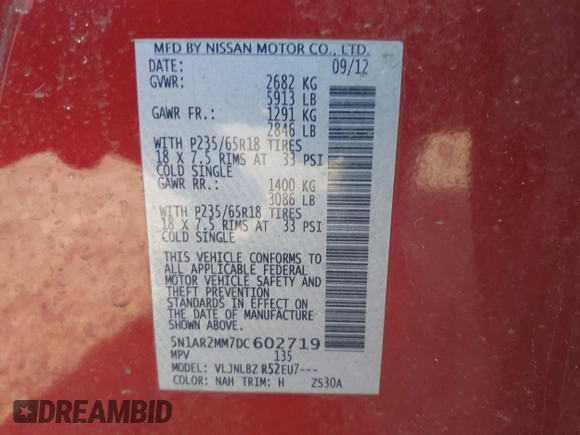 2013 Nissan Pathfinder S with VIN 5N1AR2MM7DC602719, listed as a IAAI auction lot 42144640 with 289,534 mi miles. Bid and sale history available at carsss.com. Image 9.