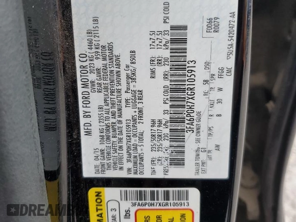 2016 Ford Fusion SE with VIN 3FA6P0H7XGR105913, listed as a Copart auction lot 61786365 with 118,877 mi miles and Salvage title. Bid and sale history available at DreamBid. Image 12.