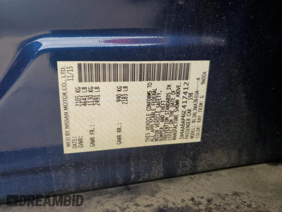 2016 Nissan Maxima Platinum with VIN 1N4AA6AP4GC417412, listed as a Copart auction lot 61597005 with 59,932 mi miles and Salvage title. Bid and sale history available at DreamBid. Image 12.