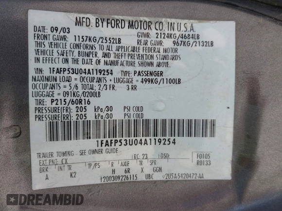 2004 Ford Taurus SE with VIN 1FAFP53U04A119254, listed as a IAAI auction lot 41871190 with 97,187 mi miles and . Bid and sale history available at DreamBid. Image 9.