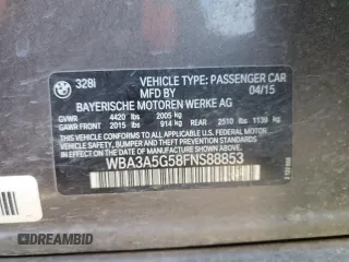 2015 BMW 3 Series 328i with VIN WBA3A5G58FNS88853, listed as a Copart auction lot 42785375 with 129,918 mi miles and Salvage title. Bid and sale history available at DreamBid. Image 12.