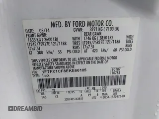 2014 Ford F-150 XL with VIN 1FTFX1CF8EKE66105, listed as a IAAI auction lot 42201442 with 95,589 mi miles and . Bid and sale history available at DreamBid. Image 9.