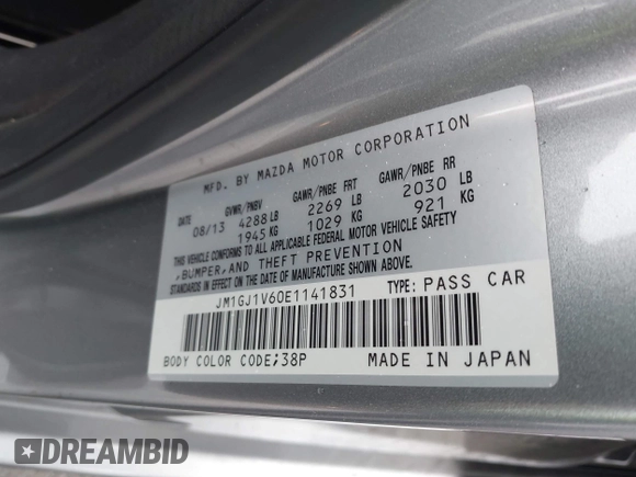 2014 Mazda 6 i Touring with VIN JM1GJ1V60E1141831, listed as a IAAI auction lot 42131200 with 86,597 mi miles and . Bid and sale history available at DreamBid. Image 9.