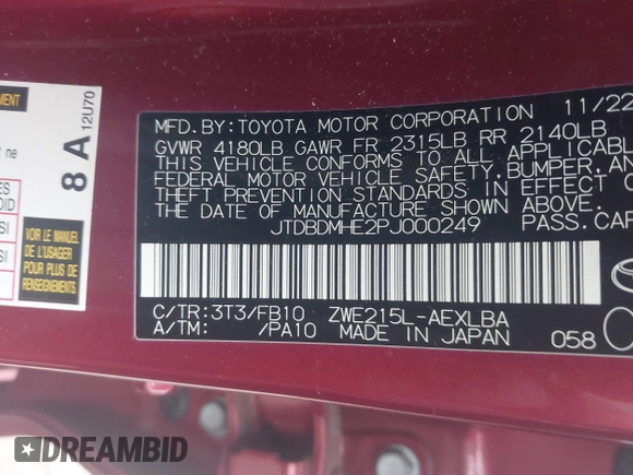 2023 Toyota Corolla Hybrid LE with VIN JTDBDMHE2PJ000249, listed as a IAAI auction lot 41618305 with 47,925 mi miles. Bid and sale history available at carsss.com. Image 9.
