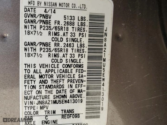 2014 Nissan Murano S with VIN JN8AZ1MU5EW413019, listed as a Copart auction lot 87631225 with 126,207 mi miles and Salvage Title. Bid and sale history available at carsss.com. Image 15.