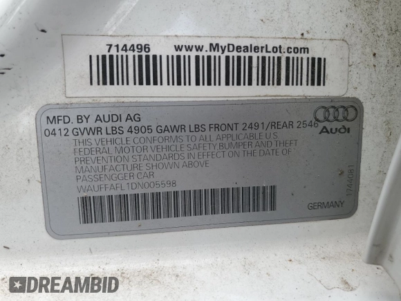 2013 Audi A4 Premium Plus with VIN WAUFFAFL1DN005598, listed as a Copart auction lot 53905355 with 119,687 mi miles and Clean Title. Bid and sale history available at carsss.com. Image 13.