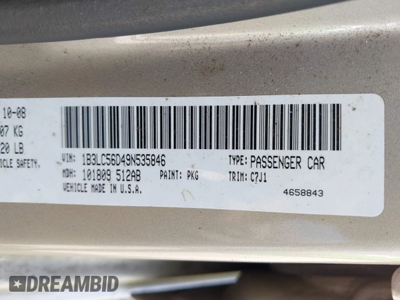 2009 Dodge Avenger SXT with VIN 1B3LC56D49N535846, listed as a IAAI auction lot 42061565 with Not Provided miles and . Bid and sale history available at carsss.com. Image 9.