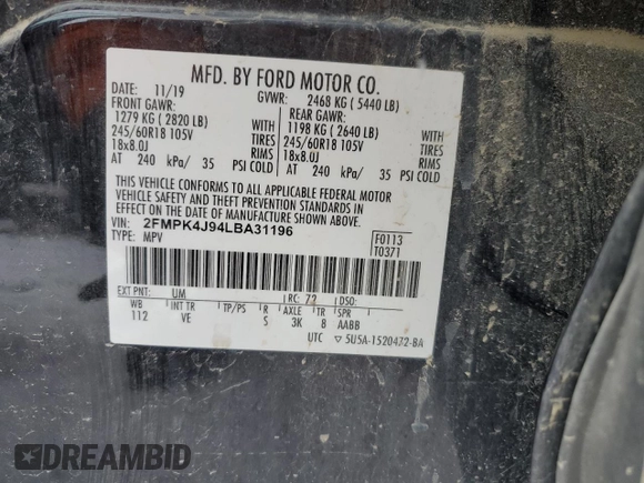 2020 Ford Edge SEL z VIN 2FMPK4J94LBA31196, wystawiony jako Copart lot #44186715 z przebiegiem 77 446 mil mil oraz Szkoda całkowita • Salvage title. Historia ofert i sprzedaży dostępna na DreamBid. Obrazek 13.