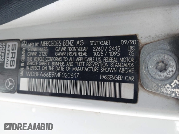 1991 Mercedes-Benz 500 с VIN WDBFA66E9MF020617, выставлен на аукционе IAAI как лот 42355637 с пробегом 93 104 миль миль и . История ставок и продаж доступна на DreamBid. Изображение 9.