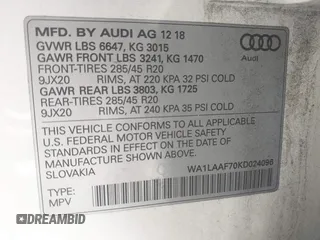 2019 Audi Q7 Premium Plus with VIN WA1LAAF70KD024096, listed as a IAAI auction lot 42564341 with 100,036 mi miles and . Bid and sale history available at DreamBid. Image 9.
