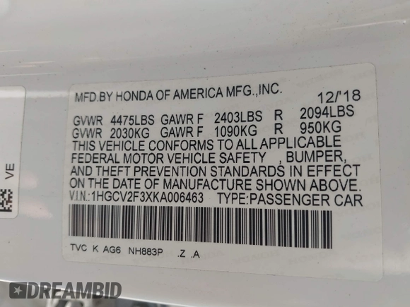 2019 Honda Accord Sport с VIN 1HGCV2F3XKA006463, выставлен на аукционе IAAI как лот 42112334 с пробегом 77 806 миль миль и . История ставок и продаж доступна на DreamBid. Изображение 9.