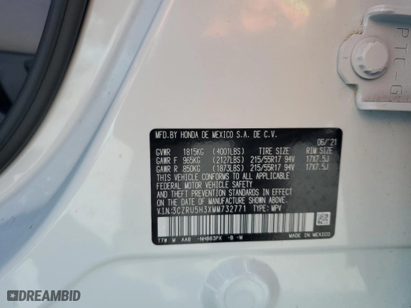 2021 Honda HR-V LX with VIN 3CZRU5H3XMM732771, listed as a Copart auction lot 45086645 with 34,167 mi miles and Non Repairable. Bid and sale history available at carsss.com. Image 13.