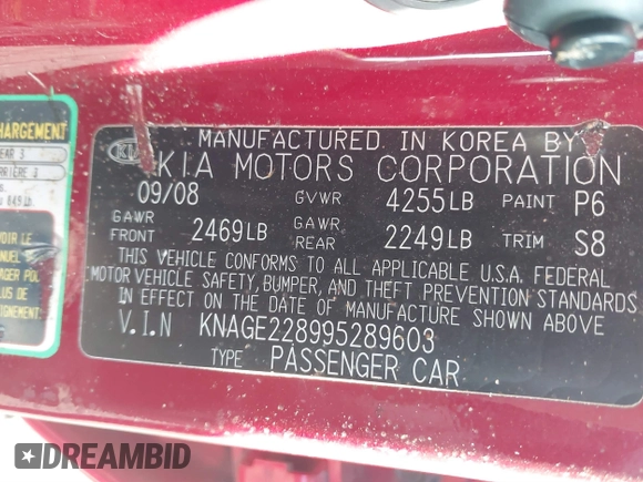 2009 Kia Optima LX z VIN KNAGE228995289603, wystawiony jako IAAI lot #40716738 z przebiegiem 209 904 mil mil oraz . Historia ofert i sprzedaży dostępna na DreamBid. Obrazek 9.