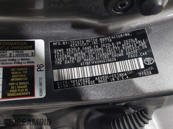 2017 Toyota Camry XLE with VIN 4T1BF1FK0HU639629, listed as a IAAI auction lot 42083171 with 68,809 mi miles and . Bid and sale history available at DreamBid. Image 9.