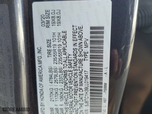 2020 Acura RDX with VIN 5J8TC1H39LL019417, listed as a Copart auction lot 75625154 with 59,699 mi miles and Salvage Title. Bid and sale history available at carsss.com. Image 13.