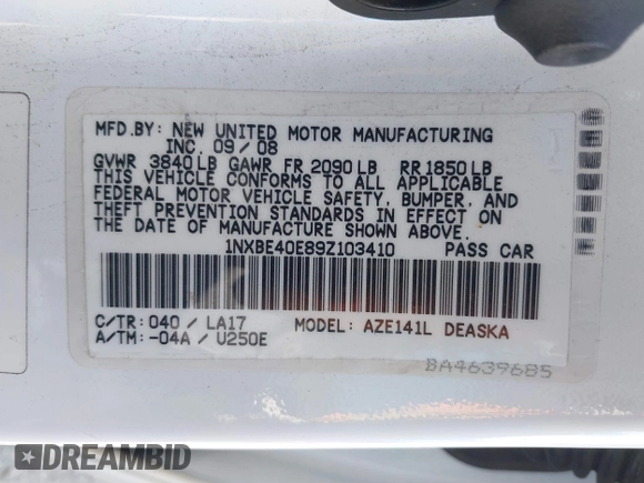 2009 Toyota Corolla XRS with VIN 1NXBE40E89Z103410, listed as a IAAI auction lot 41839013 with 206,651 mi miles. Bid and sale history available at carsss.com. Image 9.