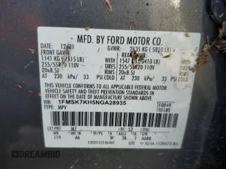 2022 Ford Explorer ST-Line с VIN 1FMSK7KH5NGA28935, выставлен на аукционе Copart как лот 52208595 с пробегом 59 924 миль миль и Списание • Salvage title. История ставок и продаж доступна на DreamBid. Изображение 14.