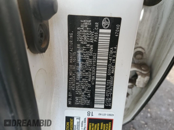2015 Toyota Avalon Limited with VIN 4T1BK1EB2FU192652, listed as a Copart auction lot 72989374 with Not Provided miles and Salvage Title. Bid and sale history available at DreamBid. Image 13.