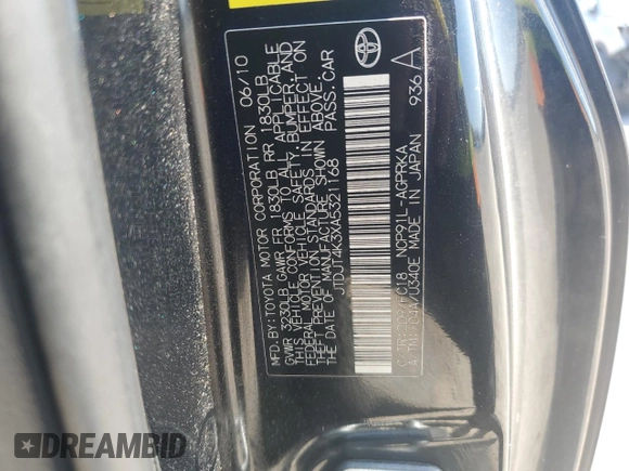 2010 Toyota Yaris with VIN JTDJT4K3XA5321168, listed as a Copart auction lot 50191675 with 168,030 mi miles and Salvage Title. Bid and sale history available at carsss.com. Image 12.
